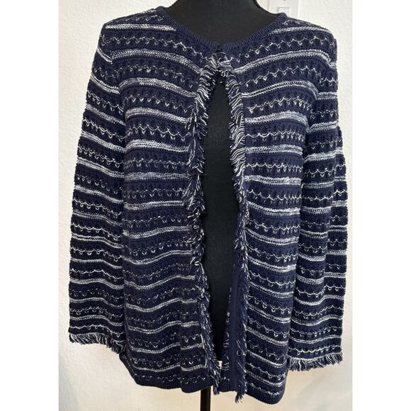 Chico’s Navy and White Cardigan Sweater Fringe Trim Open Front Size 0 (Small) - Picture 1 of 4